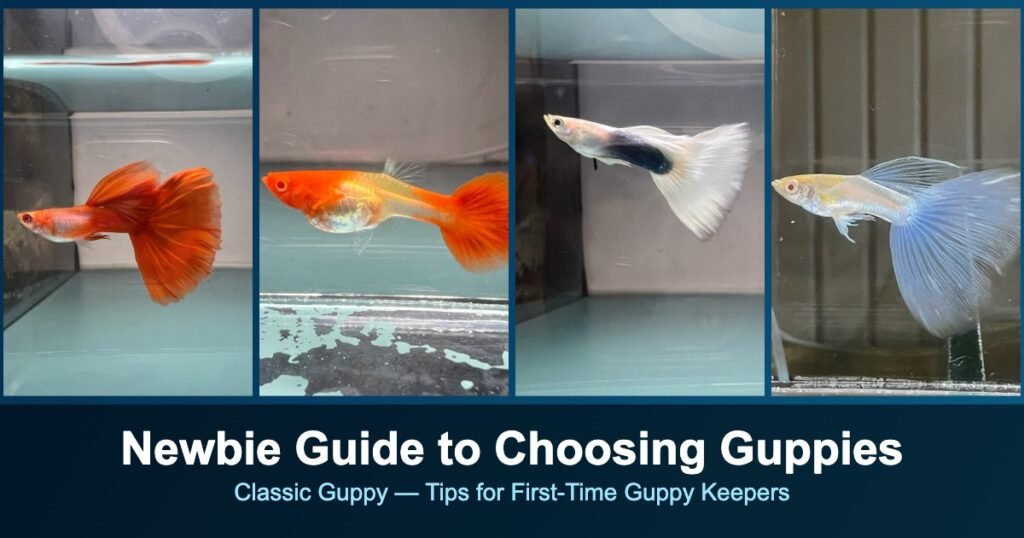 Collage banner of colorful guppy fish varieties - orange, black moscow, tuxedo white halfmoon, and blue guppies