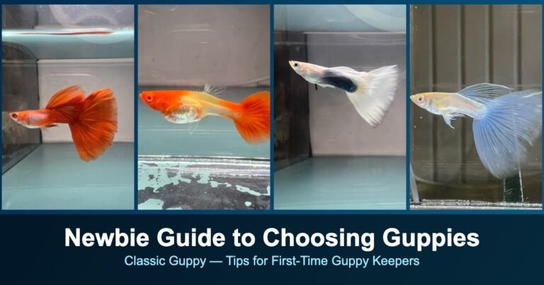 Collage banner of colorful guppy fish varieties - orange, black moscow, tuxedo white halfmoon, and blue guppies