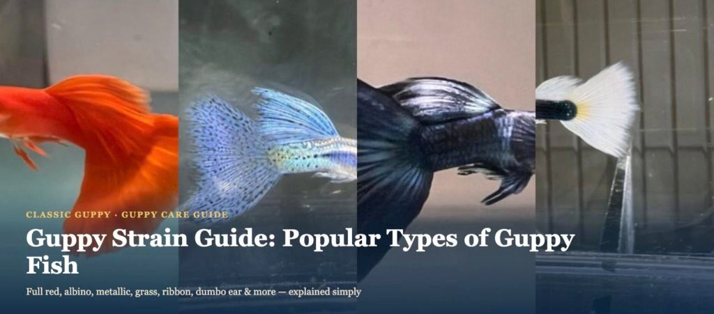 Collage banner showing four popular Classic Guppy strains — full red, blue grass, dumbo ear blue, and tuxedo white guppies
