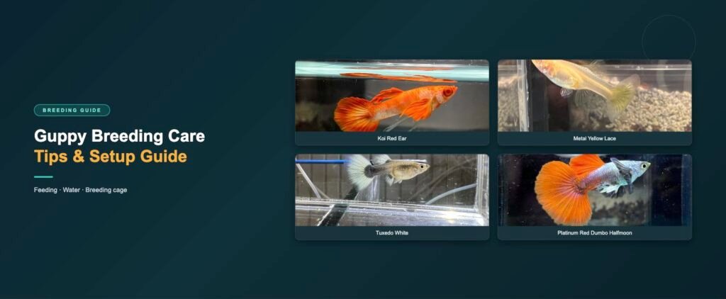Guppy strains featured in this breeding care guide: koi red ear, metal yellow lace, tuxedo white and platinum red dumbo ear halfmoon