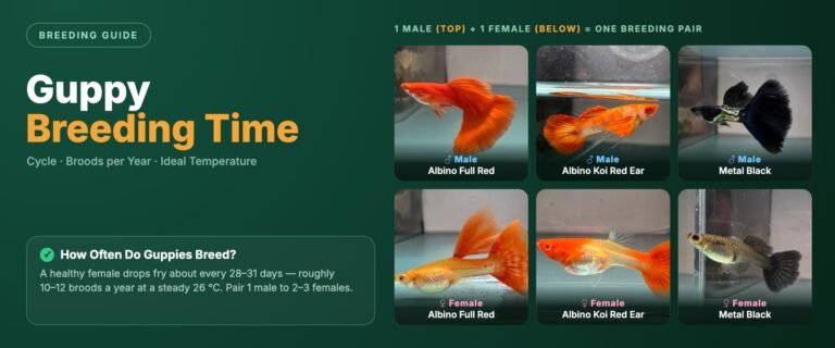 Guppy breeding time banner showing three breeding pairs with albino full red, albino koi red ear and metal black males on top and their matching females below, with a 28 to 31 day breeding cycle note