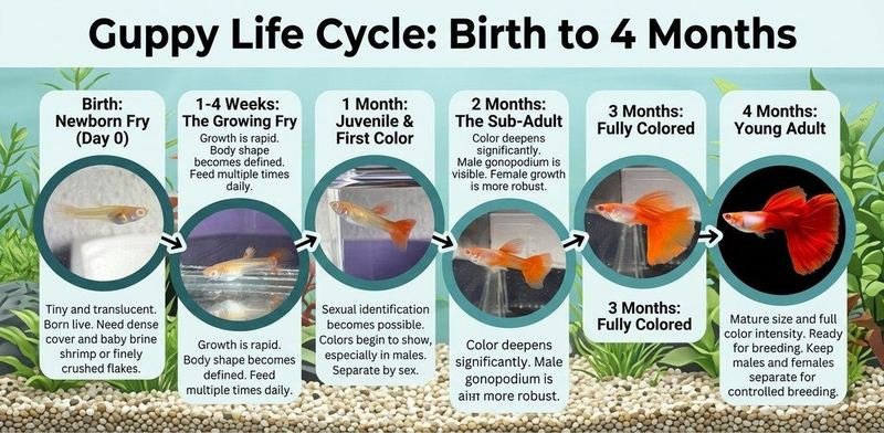 Guppy life cycle from birth to 4 months, showing full growth timeline