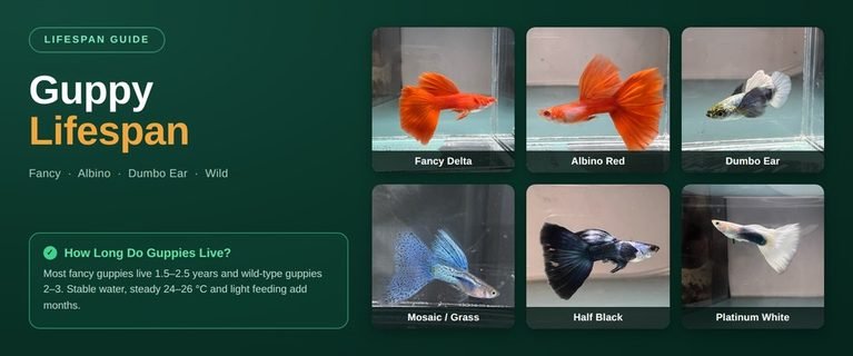 Guppy lifespan banner showing fancy delta, albino red, dumbo ear, mosaic grass, half black and platinum white guppies with typical lifespans