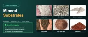 Mineral substrate banner for guppy tanks showing coral sand, coral gravel, calcium carbonate, river gravel, pink coral sand and lava rock, marked great for guppies because they keep water hard and alkaline