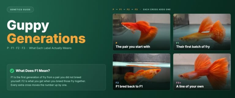 Guppy generations banner showing P, F1, F2 and F3 stages with Classic Guppy albino strains
