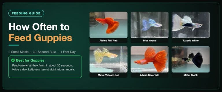 How often to feed guppies banner showing the 30-second rule and two small meals a day beside six Classic Guppy strains