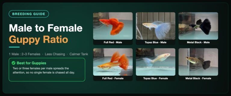Male to female guppy ratio banner showing Classic Guppy full red, topaz blue and metal black males above their matching females