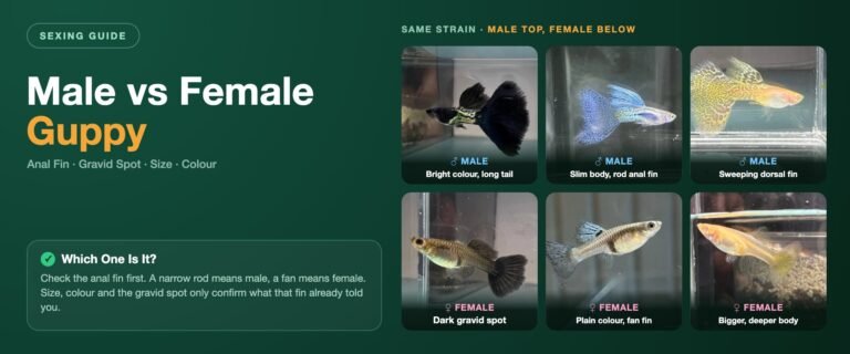 Male vs female guppy banner with photos of metal black, blue grass and albino metal yellow lace guppies: bright long-tailed males on the top row and plainer, deeper-bodied females with dark gravid spots below