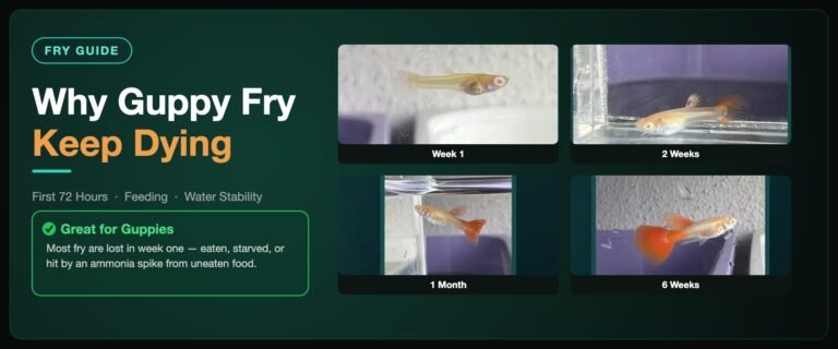 Why guppy fry keep dying banner showing Classic Guppy fry photographed at week one, two weeks, one month and six weeks old