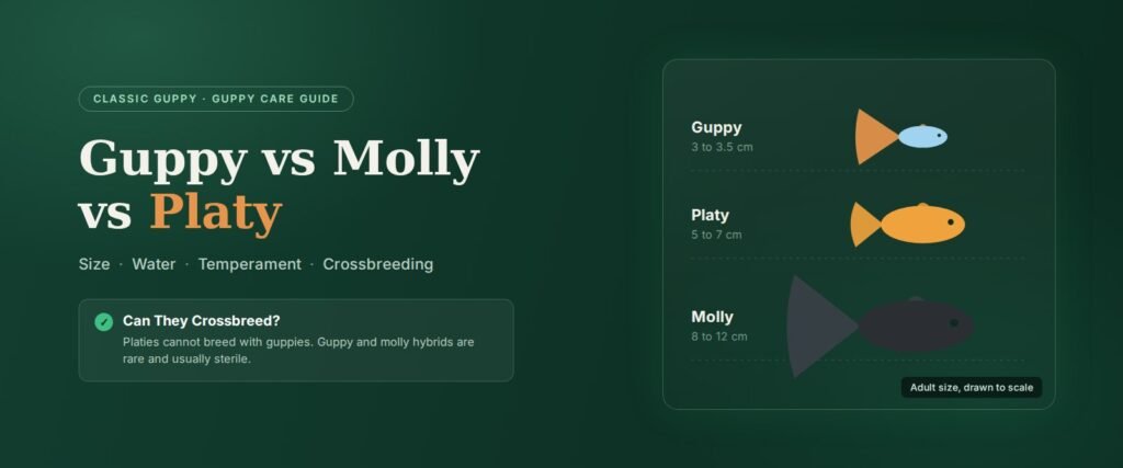 Guppy vs molly vs platy comparison banner showing the size difference between the three livebearers
