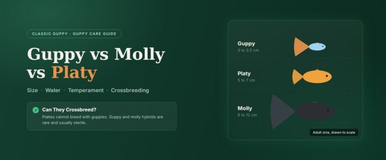 Guppy vs molly vs platy comparison banner showing the size difference between the three livebearers